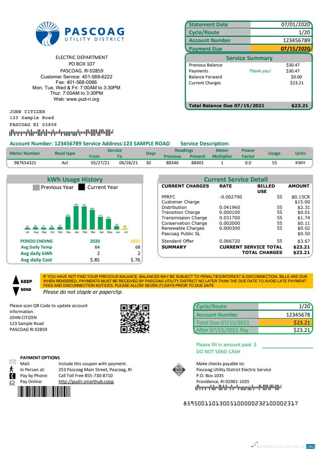 download USA Rhode Island Pascoag Utility District utility bill template in Word and PDF format PDF template